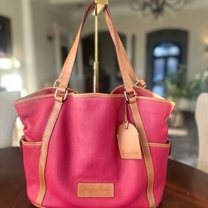 Dooney & Bourke Pink Pebbled Leather Tote with Tan Trim and Luggage Tag